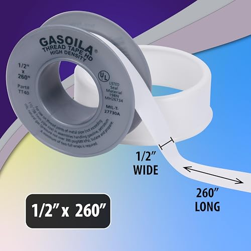 Gasoila PTFE Thread Seal Tape – Professional-Grade, 1/2 Inch x 260 Inch, High-Density Thread Tape for Plumbing, HVAC, Gas Lines, Water Pipes, and Air Compressors – Leak-Proof Seal, Non-Toxic - size: 1/2 Inch x 260 Inch Roll- 1 Pack (High Density)