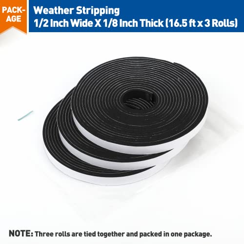 MAGZO Weather Stripping Door Seal, 1/2 Inch Wide X 1/8 Inch Thick Adhesive Foam Tape Soundproof Weatherstripping for Windows, 3 Rolls Total 50FT Black - size: 1/2in * 1/8in * 50FT