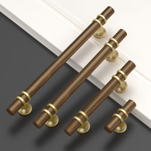 Asidrama 10 Pack 3.75 Inch(96mm) Wood and Gold Cabinet pulls Kitchen Cabinet Handles, Cabinet Pulls Kitchen Cabinet Hardware for Cupboard Drawer Pulls - color: wood and gold, size: 3.75" Hole Center, style: 10 Pack