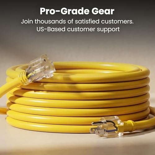 GEARit 100 ft Outdoor Extension Cord 10/3 Gauge SJTW 10 AWG, 3-Prong Heavy Duty Power Cable with Lighted End, 15A 125V 1875W, Waterproof Cord for Tools, Lawn & Garden, Yellow - size: 10 AWG Gauge, style: 100 Feet (SJTW Rated)