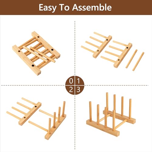 HBlife Bamboo Dish Plate Bowl Cup Book Pot Lid Cutting Board Drying Rack Stand Drainer Storage Holder Organizer Kitchen Cabinet(Keep Dry) - color: Bamboo 3 Slots 1pcs