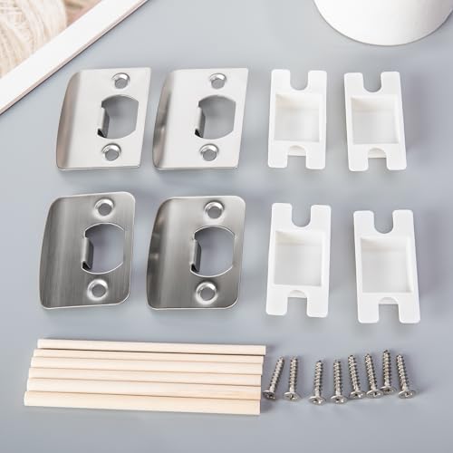 4 Pack Door Latch Strike Plate-Stainless Steel Door Lock Strike Plate Repair Kits-Standard Door Latch Restorer Reinforcement Plate with 6 Wood Dowel Strips for Home Office Door Frame Repair