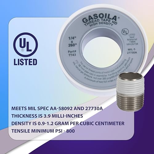 Gasoila PTFE Thread Seal Tape – Professional-Grade, 1/4 Inch x 260 Inch, High-Density Thread Tape for Plumbing, HVAC, Gas Lines, Water Pipes, and Air Compressors – Leak-Proof Seal, Non-Toxic - size: 1/4 Inch X 260 Inch Roll- 1 Pack