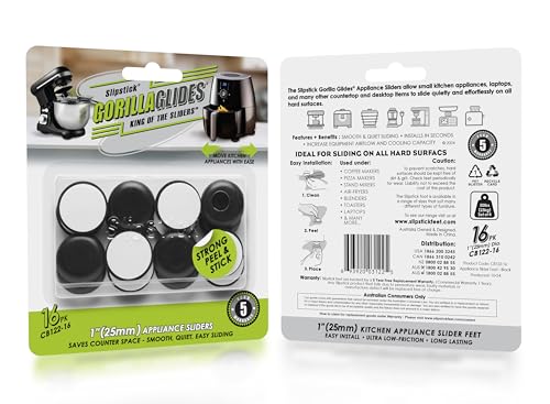 Slipstick GorillaGlides Kitchen Appliance Sliders (16 x 1” Round Glides) Self Adhesive Countertop Appliance Sliders Provide Easy Sliding and Saves Space on Counters - size: 1 Inch Appliance Sliders - 16 Pack