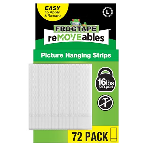 FrogTape reMOVEables Large Picture Hanging Strips, 72 Pairs- 16lbs per 4 Pairs, Damage-Free Removeable Adhesive Wall Strips Picture Hangers for Mounting Frames, Canvas, Home Décor, White (144 Pieces) - size: 72 Pairs, style: Large
