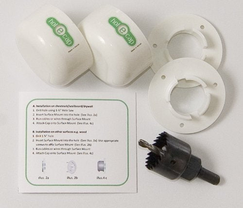 MAJCL 2-Pack: HOL-E-Cap Cable and Cord Hole Cover Wall Plate with Hole Saw Installation Kit for Drywall