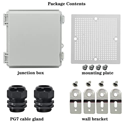 Zulkit Junction Box,IP67 Waterproof Electrical Box Hinged Cover Stainless Steel Latch Plastic Enclosure for Project with Mounting Plate Wall Bracket and 2 Cable Gland Grey 5.9"x5.9"x3.5"(150x150x90mm) - color: Grey Cover, size: 5.9"x5.9"x3.5"
