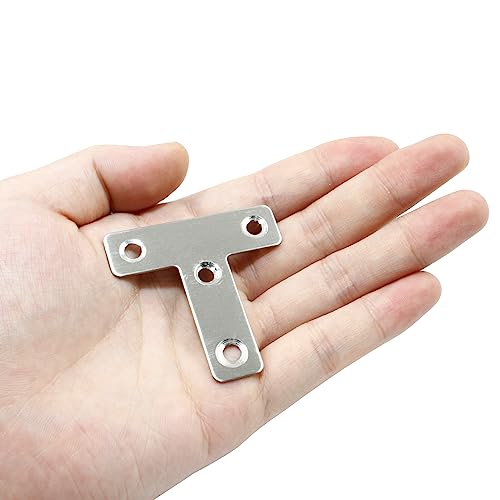 Hordion Stainless Steel Flat Corner Brace - 10Pcs 2 x 2 Inch T Bracket, Heavy Duty Right Angle Repair Plates with Screws - size: 2" x 2" (Silver), style: T-Shape