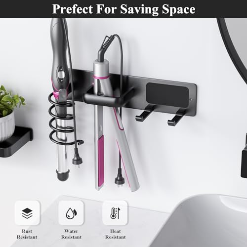 Tindbea Hair Dryer Holder Curling Iron Holder Flat Iron, Blow Dryer Holder Wall Mount, 3 in 1 Bathroom Hair Tool Organizer Rack for Universal Dryer, Matte Black - color: Matte Black