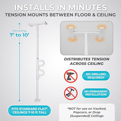 Stander Wonder Pole, Security-Pole and Curve Grab Bar, Tension Mounted Floor to Ceiling Transfer-Pole for Seniors, Elderly Adults, Bathroom Safety Assist and Stability Rail, White - color: Iceberg White