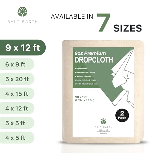 Salt Earth Canvas Drop Cloth 2Pcs, Reusable Paint Drop Cloth, 100% Recycled Cotton Canvas Tarp Cover for Painter, Furniture, Floor Protection, All Purpose Painters Dropcloth for Christmas DIY (9x12FT) - size: Pack of 2 - 9x12