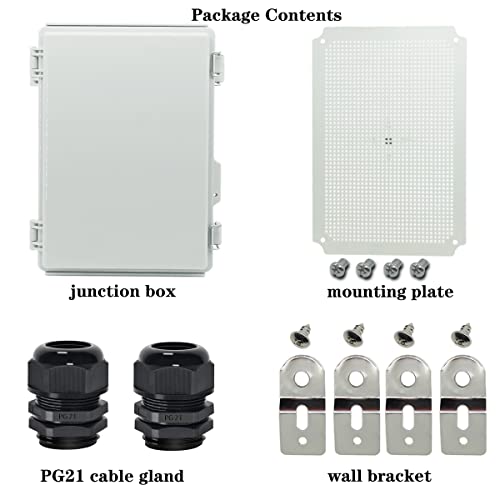 Zulkit Junction Box,IP67 Waterproof Electrical Box Hinged Cover Stainless Steel Buckle Plastic Enclosure for Project w Mounting Plate Wall Bracket and 2 Cable Gland Grey 15"x11"x5.1"/380x280x130mm - color: Grey Cover, size: 15"x11"x5.1"