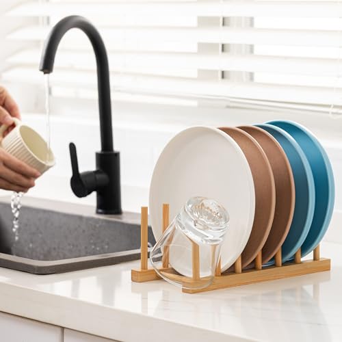 HBlife 2pcs Bamboo Dish Plate Bowl Cup Book Pot Lid Cutting Board Drying Rack Stand Drainer Storage Holder Organizer Kitchen Cabinet(Keep Dry) - color: Bamboo 6 Slots 2pcs
