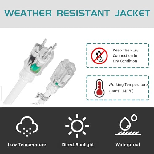 Extension Cord Weatherproof with Lighted End, UL Certified, 10 Gauge 3FT White 3 Prong Heavy Duty, 10/3 SJTW 15A Power Cord for Lights, Lawn - size: 3FT, style: 10/3