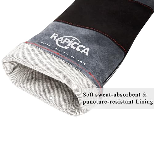 RAPICCA Animal Handling Gloves Bite Proof Double Leather Reinforced Padding Dog,Cat Scratch,Bird Handling Falconry Gloves Grabbing Reptile Squirrel Snake Bite 16in Grey-Black - style: 16 Inches