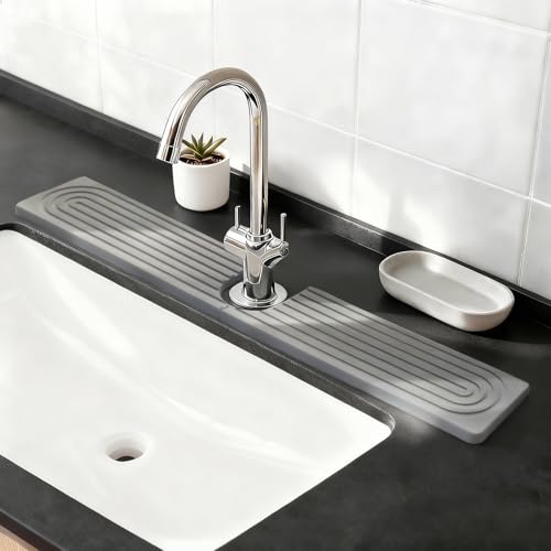 Diatomite Stone Faucet Mat for Kitchen Sink, 23.6 Inch Fast Drying Splash Guard, Super Absorbent Sink Tray Caddy for Dish Soap & Sponge, Bathroom Counter Protector & Organizer, Gray