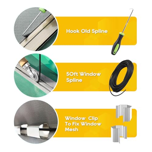 King&Charles Window Screen Door Repair/Replacement Kit, Include Gray Screen Mesh 59"x106"+ 2 Roller+50Ft Spline+8Clips+Hook, 6 in 1 Window Mesh Kit, Steel/Nylon Bearing Roller - color: Gray, size: 59"×106" Kit