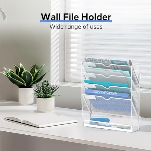 5 Tier Wall File Organizer - Hanging File Organizer with 5 Hooks, Mail Holder Wall Mounted for Papers, Folders, Magazines, Bills, Office&School Organization, White - size: 5 Tier-White