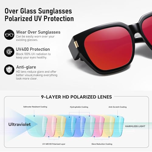 HAOLOTA Polarized Fit Over Glasses Sunglasses for Women Men Trendy Square Wrap Around Shades UV Protection - color: L Size 14 Black/Red