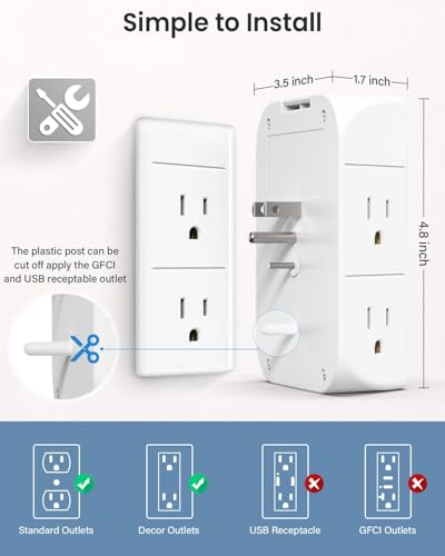 Wall Outlet Extender with Shelf and Night Light, Surge Protector, Wall Mount Charger Multi Plug Expander with 5 AC Outlets and 3 USB A Ports 1 USB C, Wide Space 3-Sided Power Strip Multi Plug Outlets - size: 1c3a