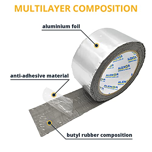 Alenor Butyl Rubber Aluminum Tape 2" inch x 16 Ft Wall Crack Roof Leaks Waterproof Heat Resistant Tape Perfect for Sealing Patching Hot Cold Air Ducts Wood Metal Plastic Glass Repair