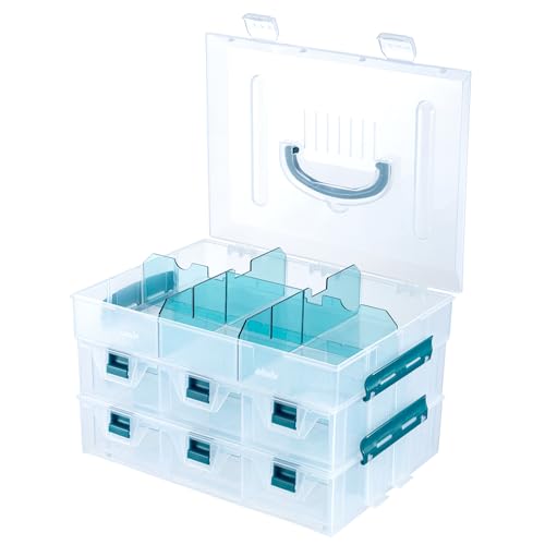 MyGift 11 Inch Clear Arts and Crafts Stackable Container, Sewing Supplies Storage Organizer Case with Blue Accents, 24 Customizable Compartments, and 6 Drawers with Removable Dividers - color: Blue