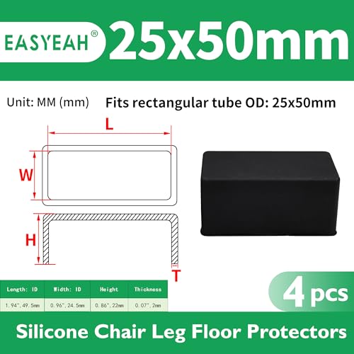 1"X 2" (25X 50 mm) Rectangular Chair Leg Caps, Silicone Chair Leg Floor Protectors, Flexible End Caps, Non-Slip Rubber Chair Feet Covers for Hardwood Floors, Tables & Patio Furniture,4PCS Black - size: 1"X2"(25x50 mm)