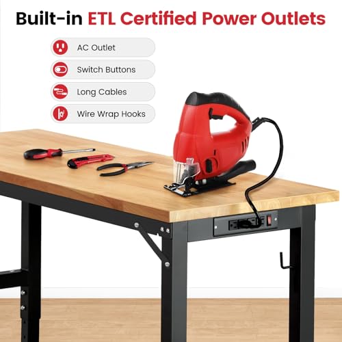 ENJOYWOOD 60" x 22" Heavy Duty Workbench with Wheels, Adjustable Height Garage Work Table with Solid Rubberwood Top, Pegboard & Power Outlets for Workshop, Home & Office - size: Large