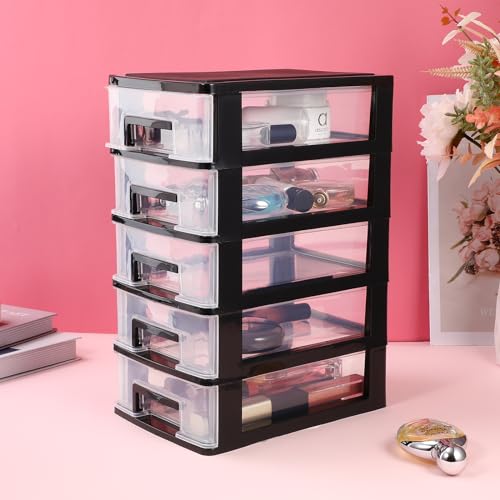 Cabilock 5-Tier Plastic Storage Drawers Clear Desktop Organiser Unit Small Stackable Craft Bins for Office Stationery Makeup Jewellery 31x21x15cm - color: Black