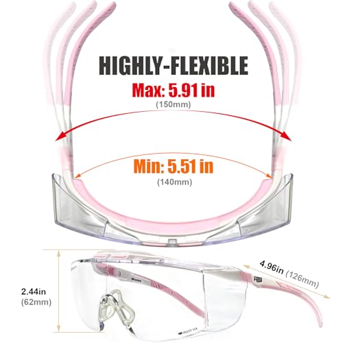 HTS HUNTERSKY ANSI Z87.1+ Anti Fog Lab Safety Glasses Fit Over Eyeglasses Up to 1.88 inch 100% UV Protective OTG Goggles - color: 3906c White-pink / Clear Lens