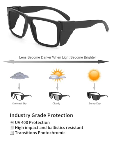 UV400 Bluelight Transition Photochromic Safety Glases Anti Scratch and Impact Resistant,Meets ANSI Z87.1 Standard - color: Matte Black