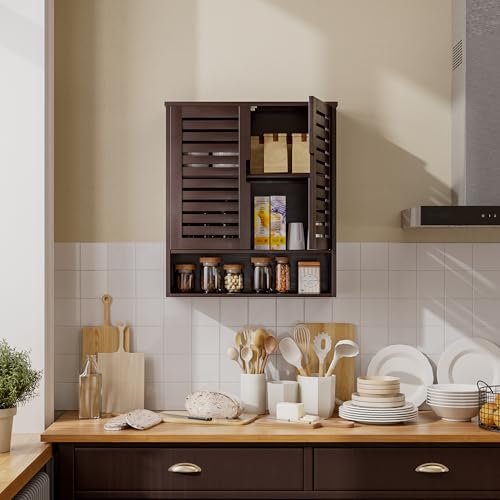SMIBUY Bathroom Cabinet Wall Mounted, Bamboo Over-The-Toilet Storage Organizer, Space Saver Medicine Cabinet with 2 Door and Adjustable Shelves (Dark Brown) - color: Brown