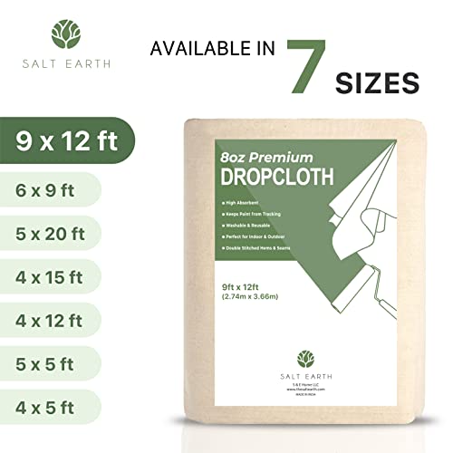 Salt Earth Canvas Drop Cloth 1Pc, Reusable Paint Drop Cloth, 100% Recycled Cotton Canvas Tarp Cover for Painter, Furniture, Floor Protection, All Purpose Painters Dropcloth for Christmas DIY (9x12FT) - size: Pack of 1 - 9x12