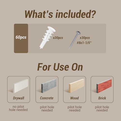 60Pcs Drywall Anchors and Screws Kit, Self Drilling Drywall Anchors Heavy Duty Holds 80lbs, No Drill Hole Required, #8 Phillips Head Screws Assortment Kit for Sheetrock/Plaster Walls(60)