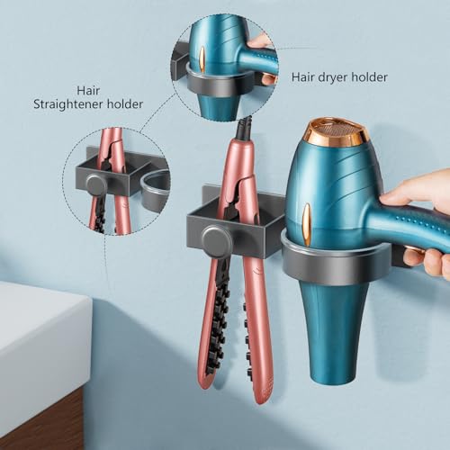 YUET Hair Dryer Holder Hairdryer Straightener Station Wall Mounted/Self Adhesive Metal Spiral Shelf Bracket Stand Hanger Organizer Blow Storage With Cable Tidy Rack For Dressing Table Bathroom (Grey) - color: Grey