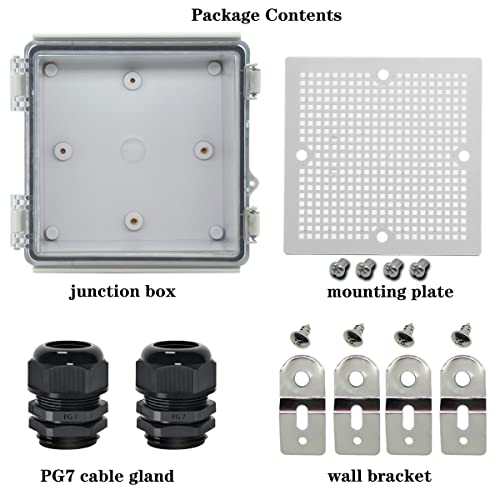 Zulkit Junction Box IP67 Waterproof Electrical Box Hinged Clear Cover Stainless Steel Latch Plastic Enclosure for Project w Mounting Plate Wall Bracket and 2 Cable Gland 5.9"x5.9"x3.5"/150x150x90mm - color: Clear Cover, size: 5.9"x5.9"x3.5"
