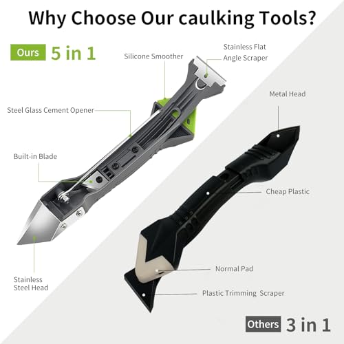 Caulking Tools, 5 in 1 Silicone Caulking Tool Kit, Sealant Finishing Tool, Sealant Finishing Tool & Grout Removal Tool with Adhesive Residue Scraper for Kitchen Bathroom Window, Sink Joint