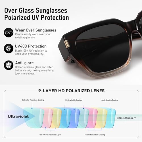 HAOLOTA Polarized Fit Over Glasses Sunglasses for Women Men Trendy Square Wrap Around Shades UV Protection - color: L Size 11 Gradient-brown/Grey