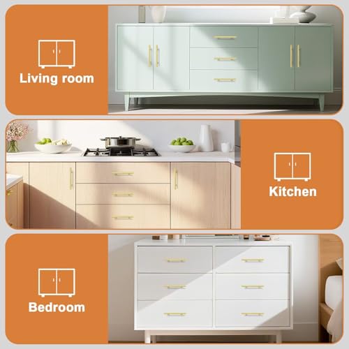 Probrico 5 Pack Hole Centers (128mm) 5inch Gold Kitchen Cabinet Handles Stainless Steel Polished Gold Cabinet Pulls Round T Bar Pull Handle for Cabinets and Drawers Total Length 7.5inch(192mm) - color: Gold, size: Hole Centers: 5"