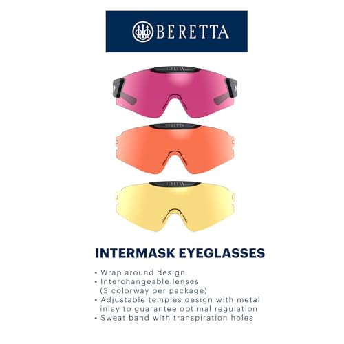 Beretta Intermask Wraparound Design Adjustable Protective Shooting Eyeglasses with Interchangeable Lenses (3 Colors per Pack) - color: Yellow & Magenta & Orange