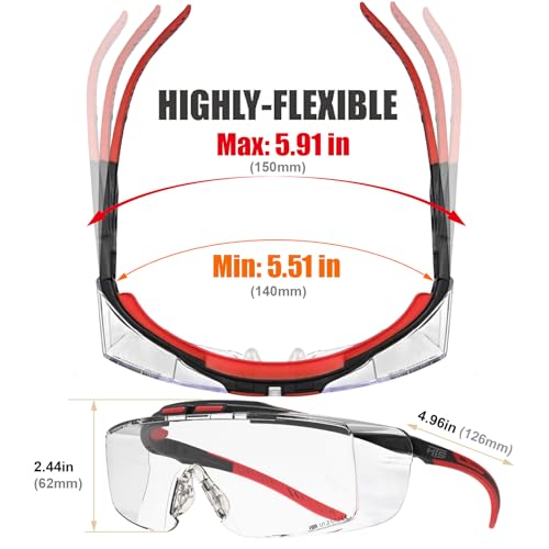 HTS HUNTERSKY ANSI Z87.1+ Anti Fog Lab Safety Glasses Fit Over Eyeglasses Up to 1.88 inch 100% UV Protective OTG Goggles - color: 3906c Black-red / Clear Lens
