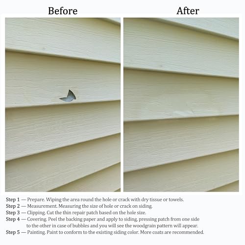 Vinyl Siding Repair Kit 6Pcs 6.3X4.75Inch Self-Adhesive Vinyl Siding Patch PVC Vinyl Tape Cover Any Cracks Holes Blemishes on Vinyl Siding Fence Tools Home Skirting - size: 6 patches