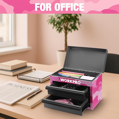 WORKPRO Metal Mini Tool Box, Top Tool Chest containing Two Drawers with Ball Bearing Slides, PVC Drawer Liners and PP Feet Pads, Cold Rolled Steel Small Toolbox for Multi-Purpose Storage - Pink Ribbon - color: Pink Camo