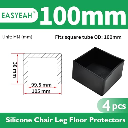 EASYEAH 4"(100 mm) Square Chair Leg Caps, Silicone Chair Leg Floor Protectors, Flexible End Caps, Non-Slip Rubber Chair Feet Covers for Hardwood Floors, Tables & Patio Furniture, Black (4 PCS) - size: 4"(100 Mm)