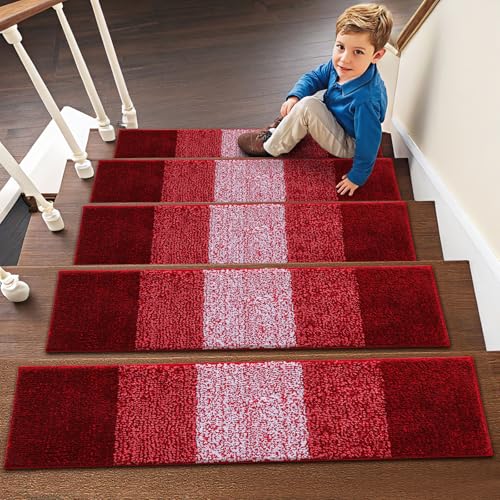 OLANLY Stair Treads Non Slip 15PCS, 8" x 30" Indoor Stair Runners for Wooden Steps, Edging Stair Rugs with Reusable Peel and Stick Adhesive for Kids Elders and Pets, Burgundy - color: Burgundy