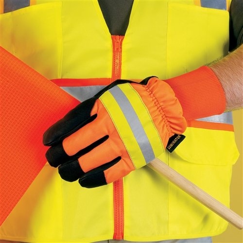 MCR Safety 34411L Luminator Grain Pigskin Waterproof Thermosock Lined Gloves with Wing Thumb, Black/Orange, Large, 1-Pair - size: Large