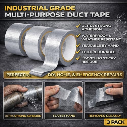 Silver Duct Tape Heavy Duty, 3 Pack 90 Yd Total, Waterproof Strong Adhesive Tape, 8.26 Mil Thick, Multi Purpose for Repairs, Sealing & Outdoor Use