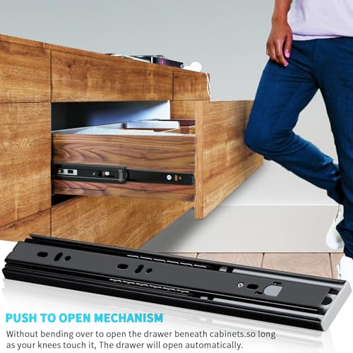 YENUO Push to Open Drawer Slides Full Extension Rail 12 14 16 18 20 22 24 inch handleless Side Mount Dresser Cabinet Bracket Replacement Ball Bearing Tracks kit Guide Runner 100 lb 1 Pair - color: Black-Push Open, size: 16 Inch