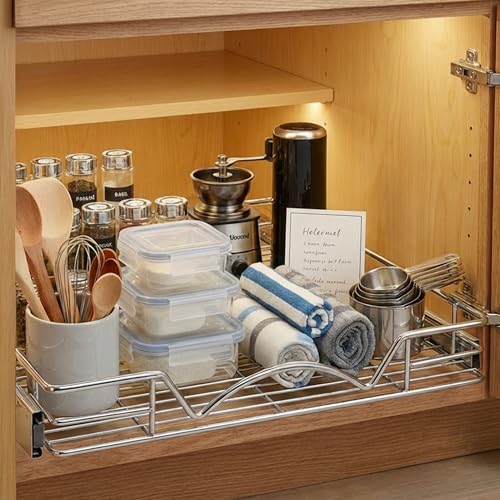 HOLDN’ STORAGE Pull Out Cabinet Organizer, Heavy Duty Caddy w/Lifetime Limited Warranty -11”W x 21”D - Requires At Least 12-1/4” Cabinet Opening, Steel Metal Cabinet Drawers Slide Out, Chrome - size: 11”W x 21”D