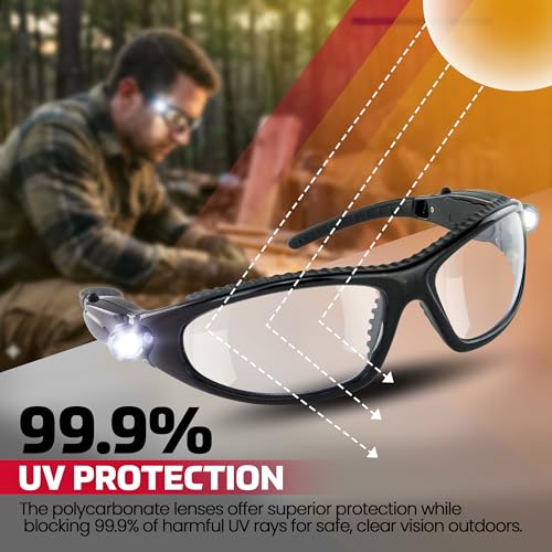 LED Inspector Safety Glasses | Protective Eyewear | Black Frame, Polycarbonate Clear Frames | Low to High Impact | Built-In LED Lights | 99.9% UV Protection | Woodworking, Construction, Mechanic